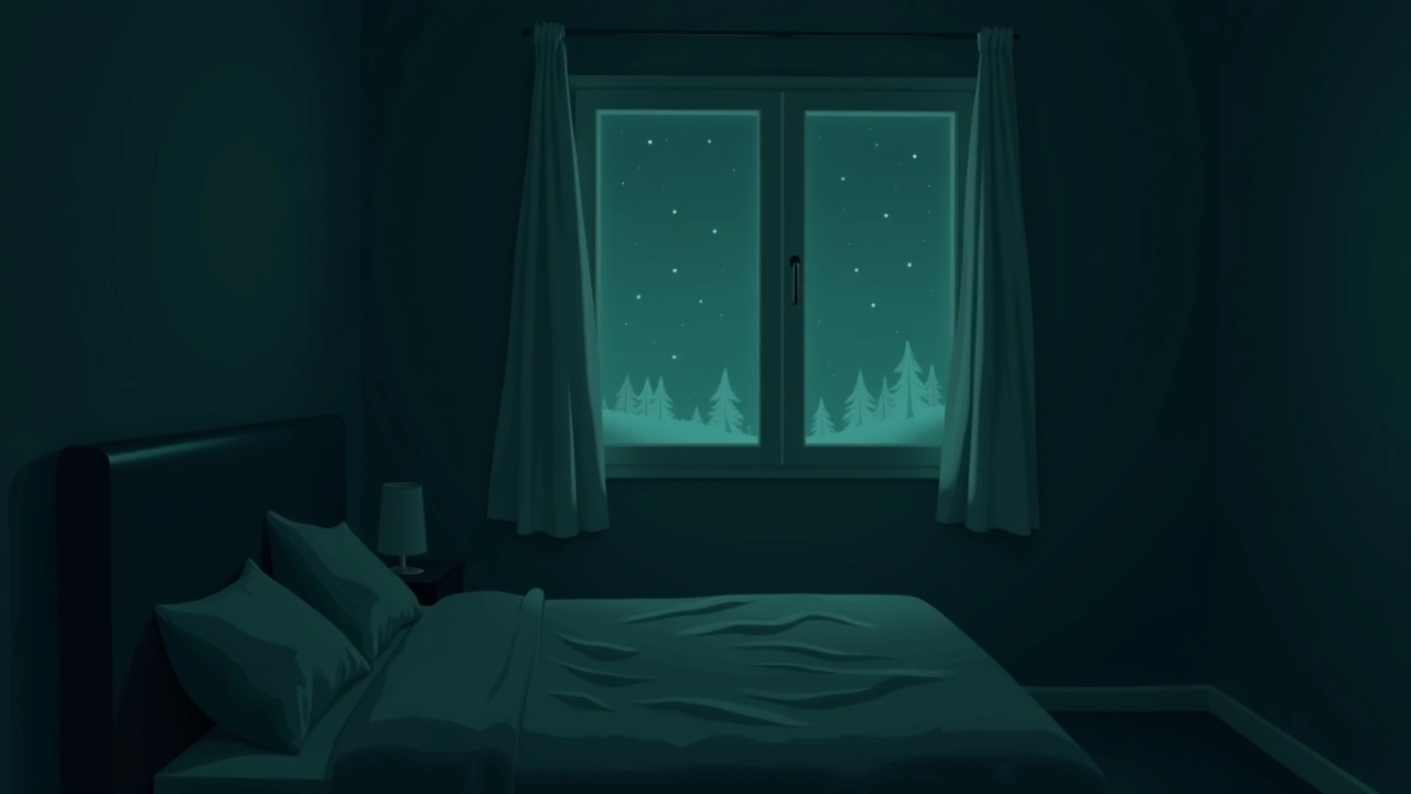 Illustration: a dim bedroom that feels suddenly cold, frost faint on a windowpane.