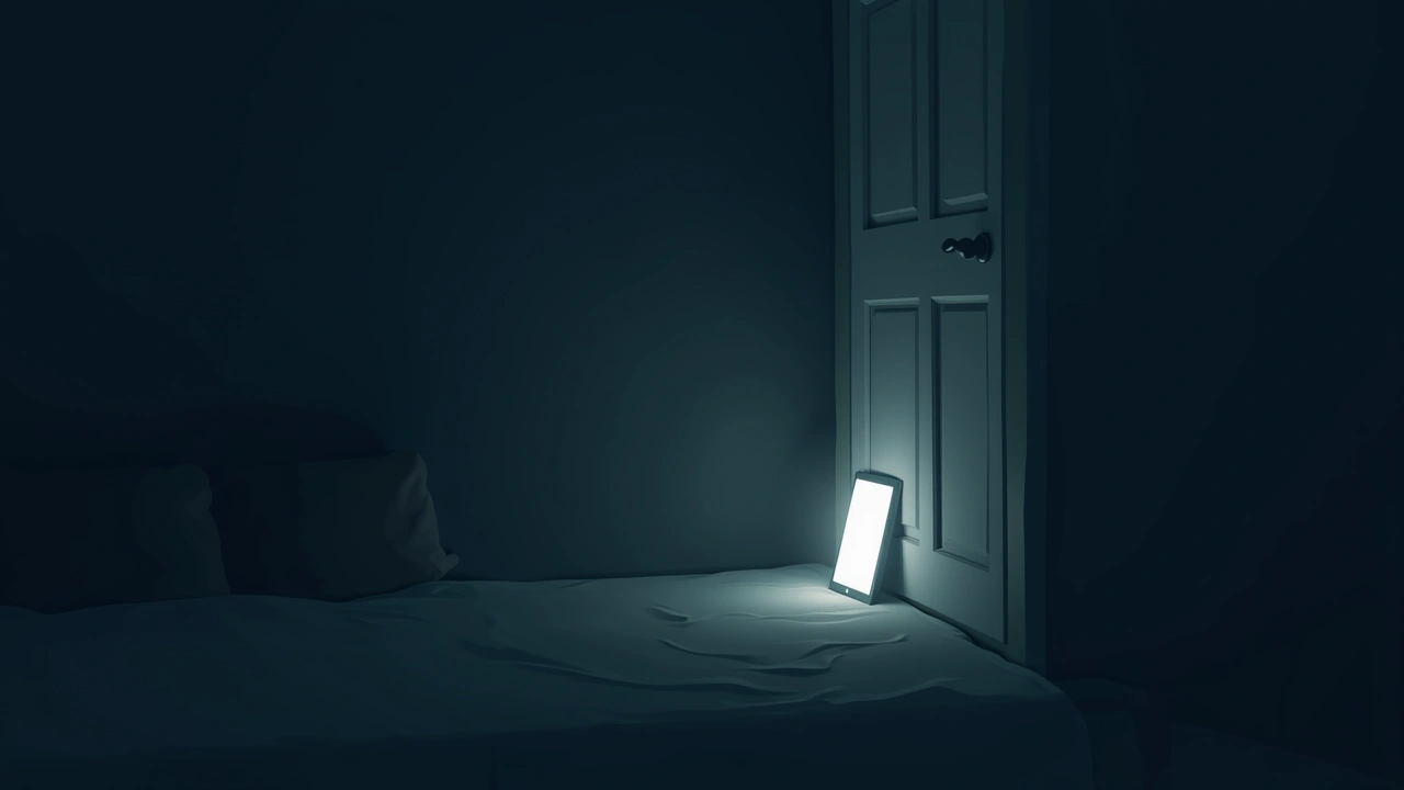 Illustration: a phone glowing in a dark bedroom late at night.