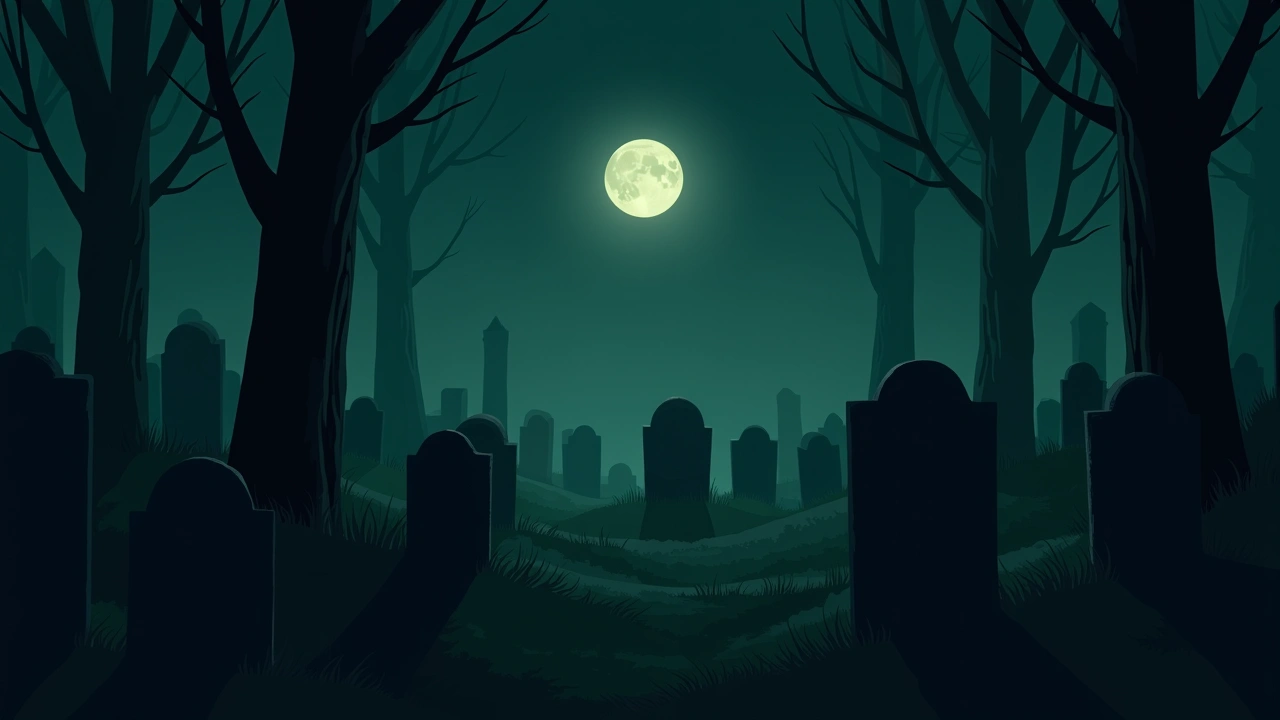 Illustration: a moonlit graveyard at night with rows of weathered headstones.