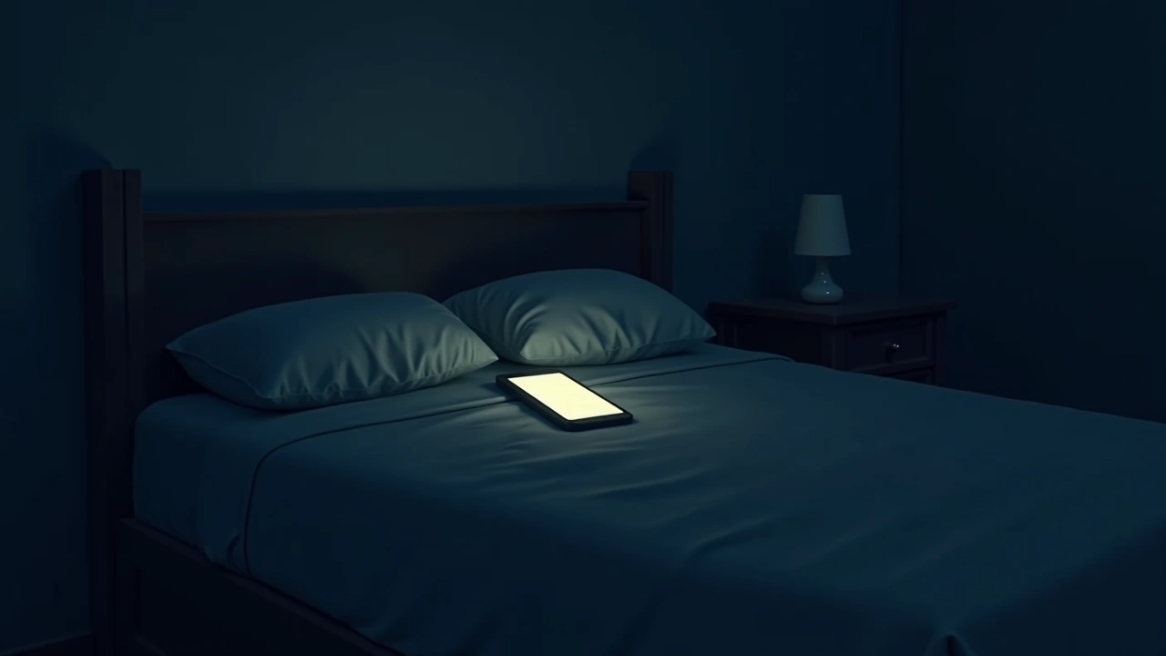 Illustration: a smartphone glowing faintly in a dark, quiet bedroom at night.