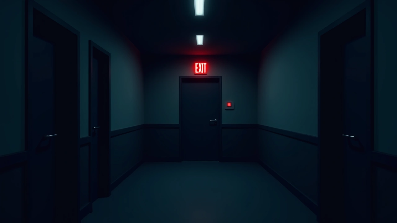 Illustration: An office hallway at night lit by a glowing red exit sign.