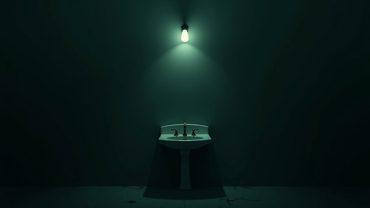 Illustration: a bathroom sink under dim light.