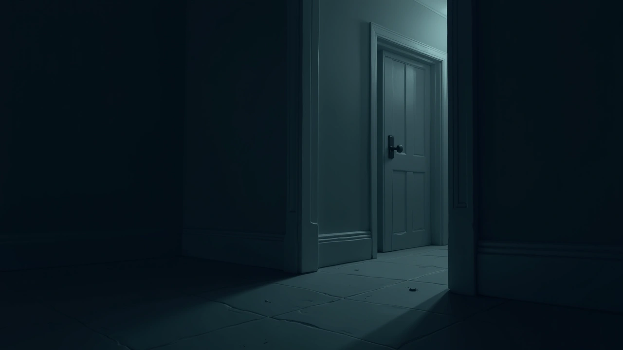 Illustration: A dim hallway in an old house at night, a single door left slightly ajar.
