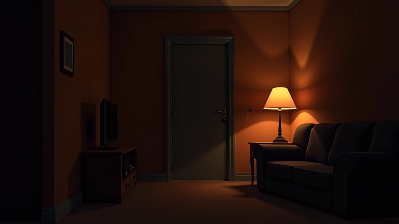 Illustration: a quiet living room at night, lit only by a lamp.