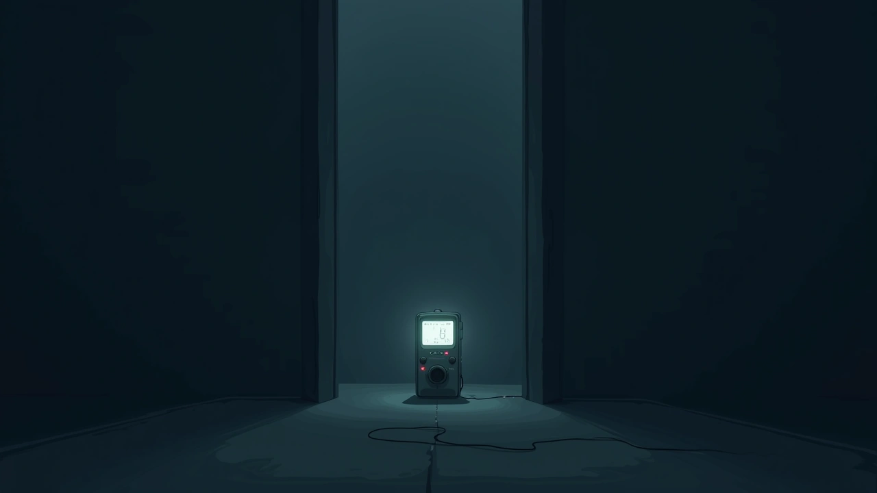 Illustration: an EMF meter glowing with a spiked reading in a dark room.