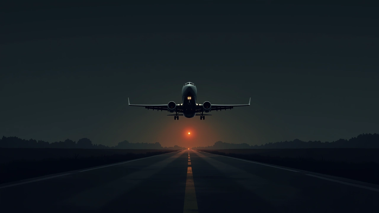 Illustration: a small airplane descending toward a runway at dusk.