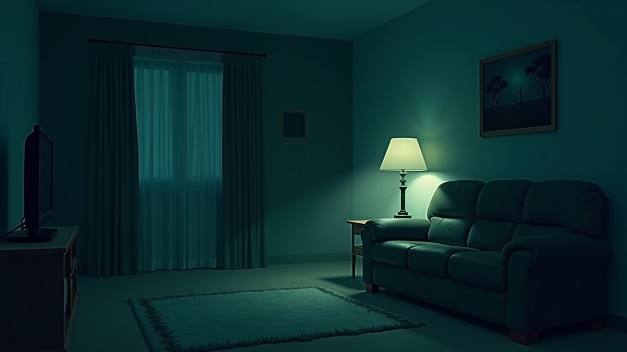 Illustration: a dim, quiet living room in a suburban home at night.