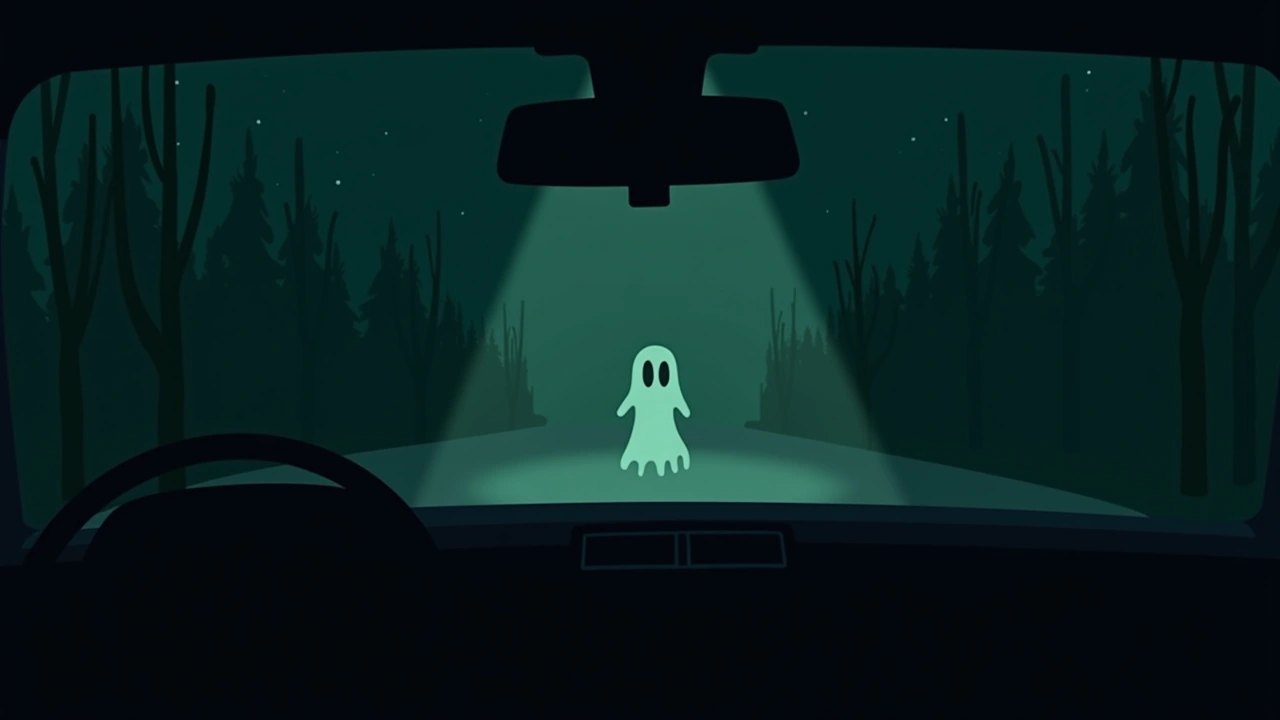 Illustration: a car dashboard at night with a ghost-hunting app glowing on the phone screen.