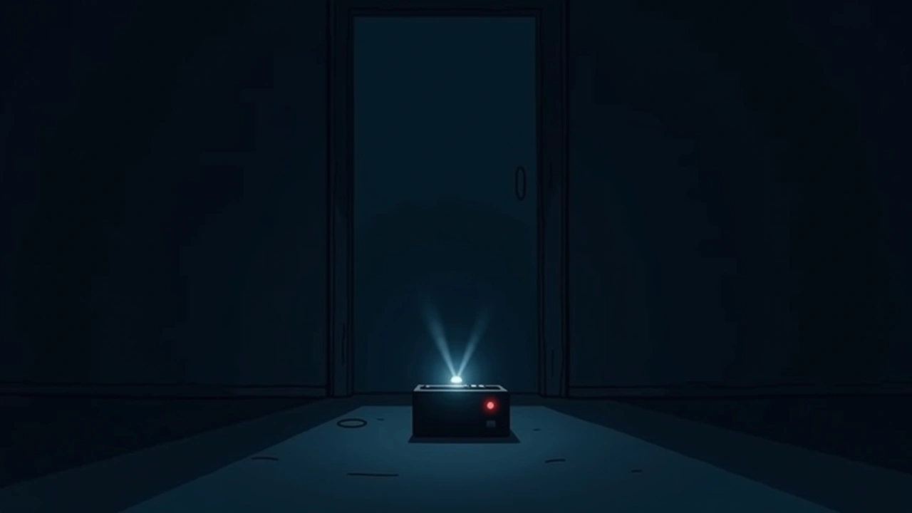 Illustration: a small EVP device rapidly blinking in a dark, quiet room.