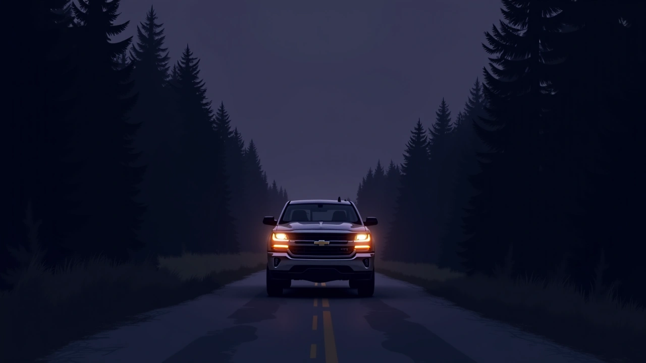 Illustration: a pickup truck parked alone on a dark backroad deep in the woods at night.