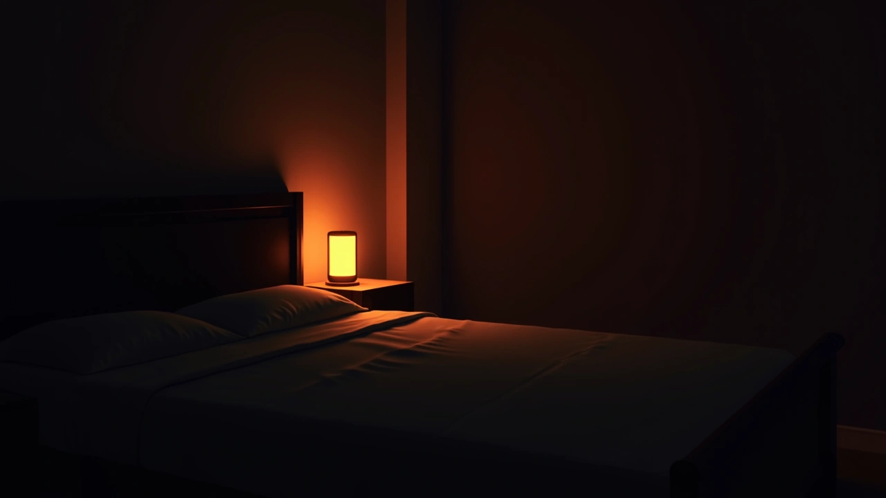 Illustration: a phone screen glowing in a dark bedroom at night, softly lit.