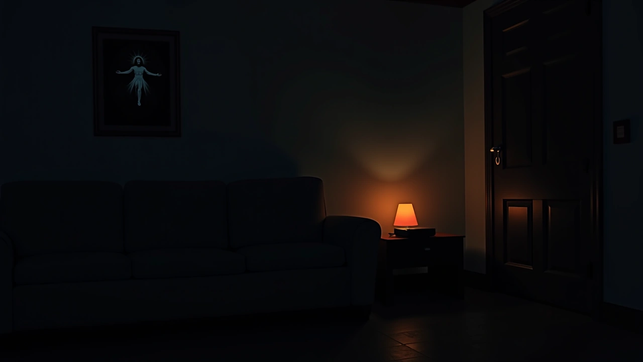 Illustration: a framed photo of Jesus on a living room wall beside a glowing game console.