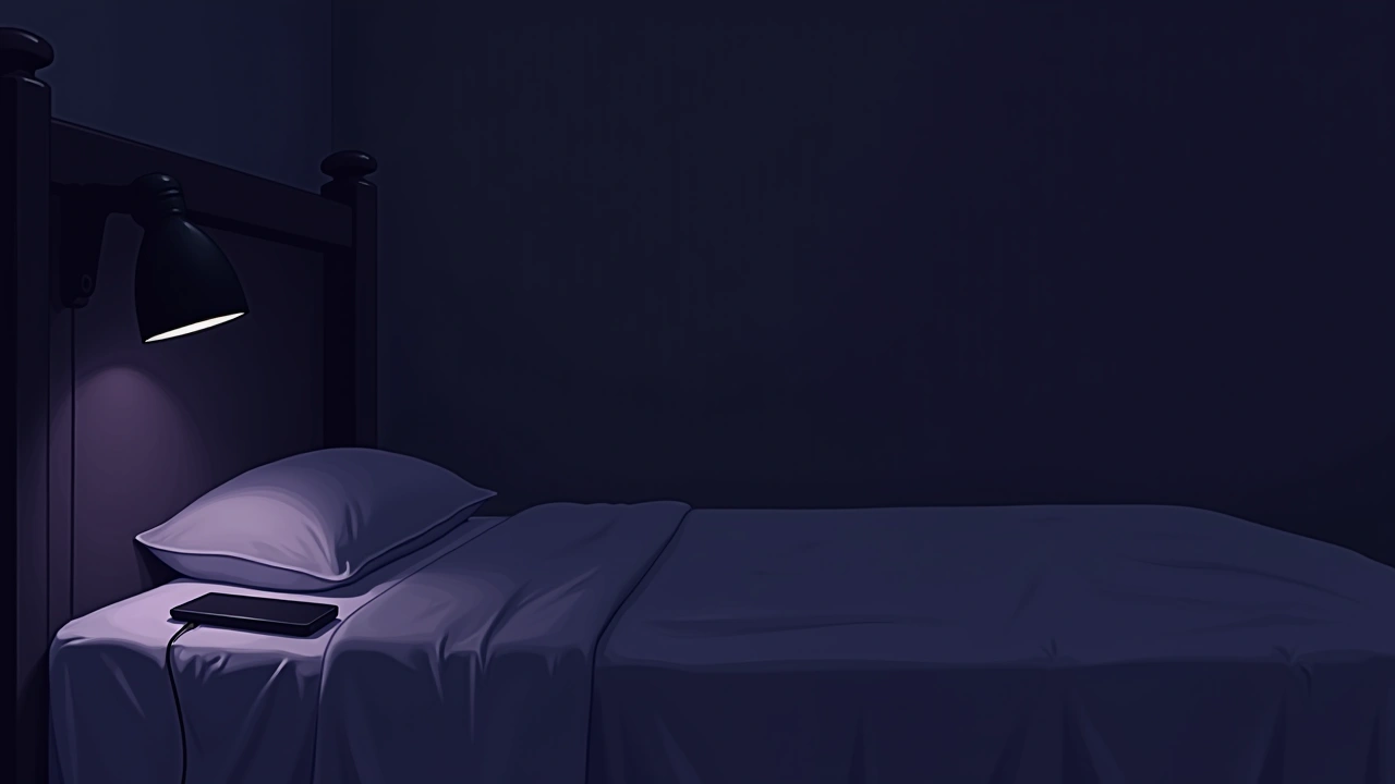 Illustration: a dim bedroom at dawn with a phone resting on the edge of a bed.