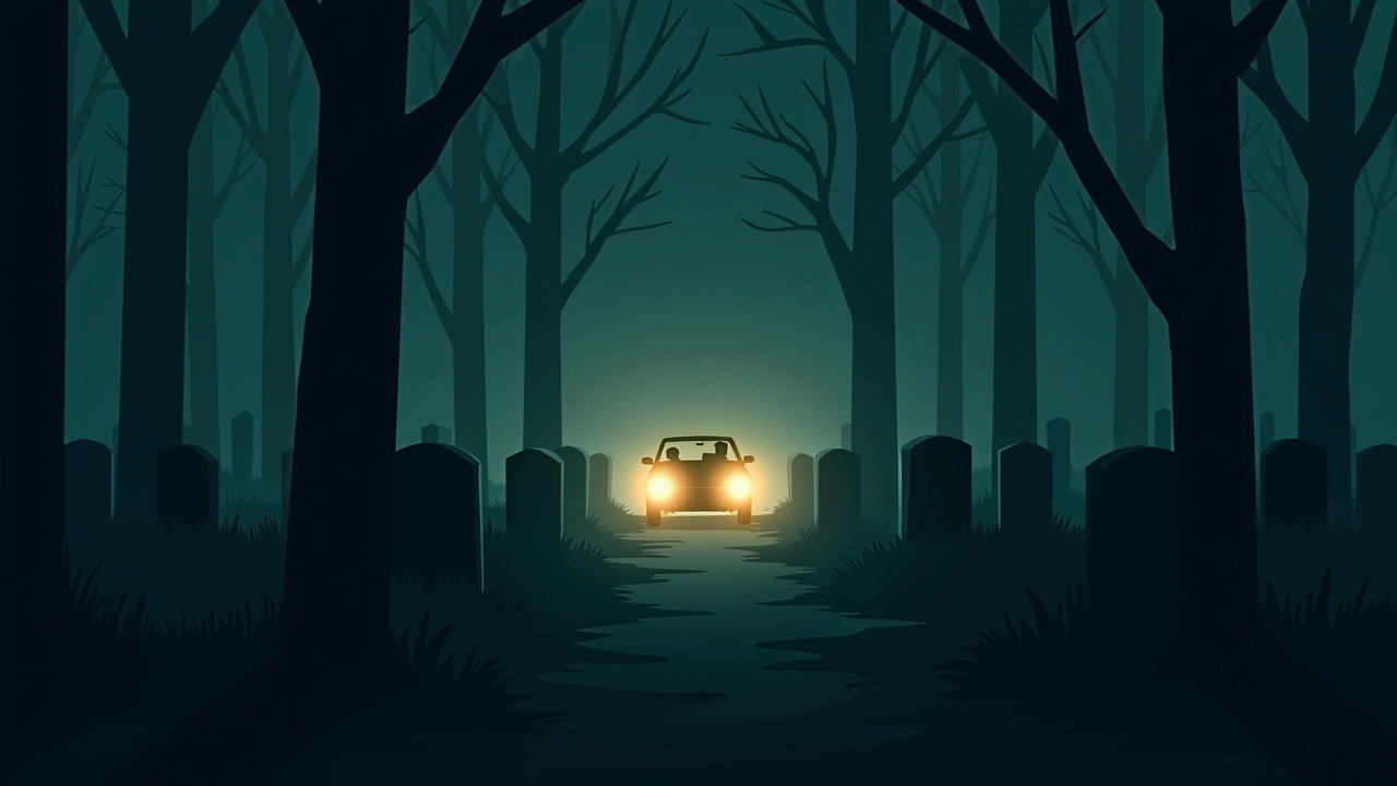 Illustration: A cemetery at night, rows of headstones lit by a car's headlights in the distance.