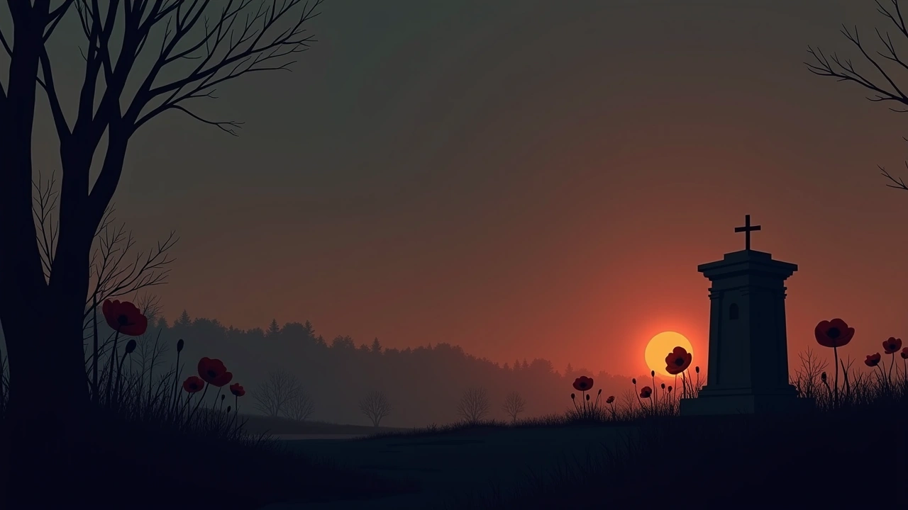 Illustration: a poppy memorial in a quiet cemetery at dusk.