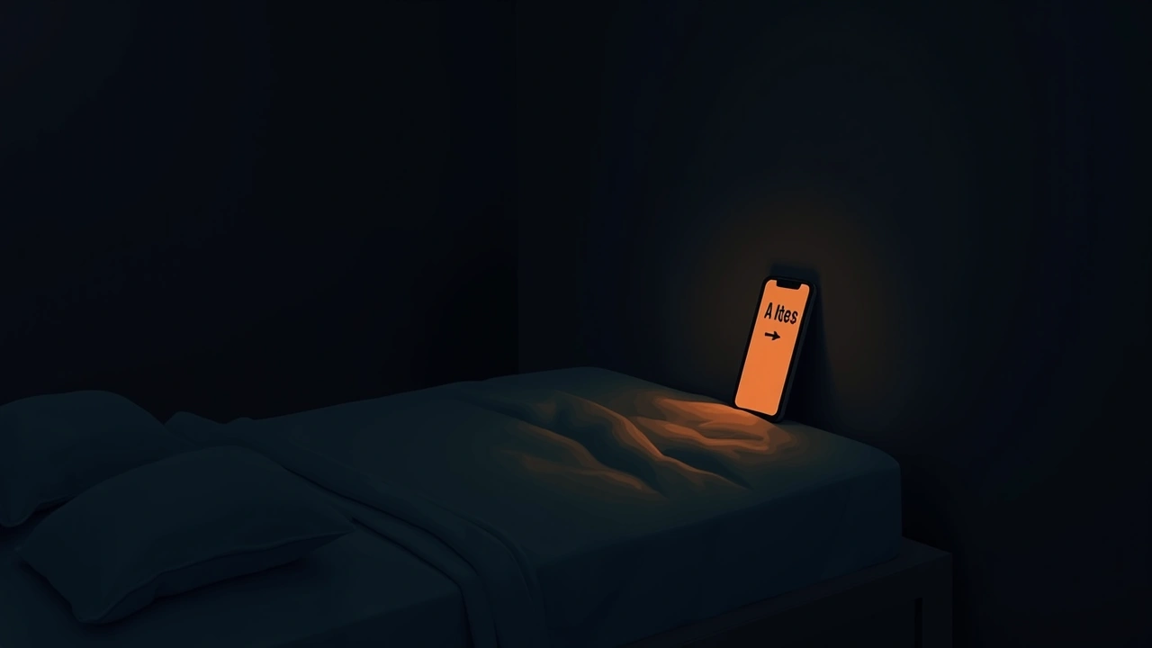 Illustration: A phone glowing in a dark bedroom, displaying an eerie word on its screen.
