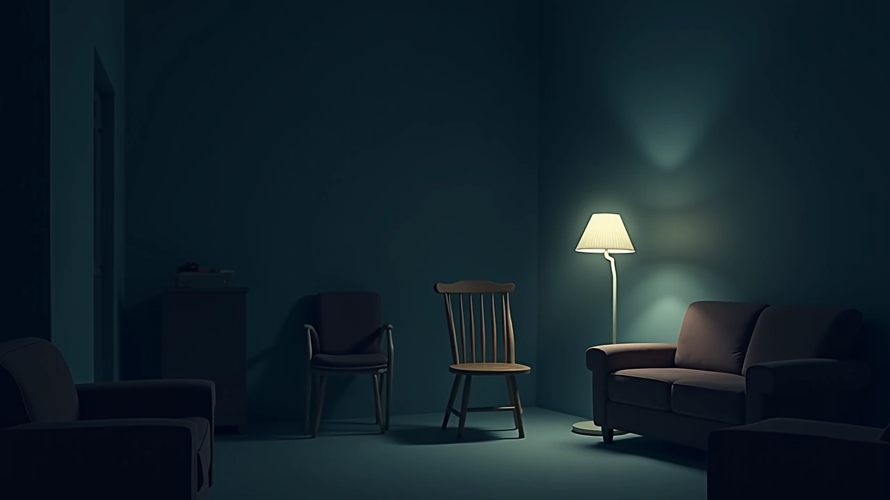 Illustration: A dim living room at night, an empty wooden chair lit by a single lamp, other seats around it.