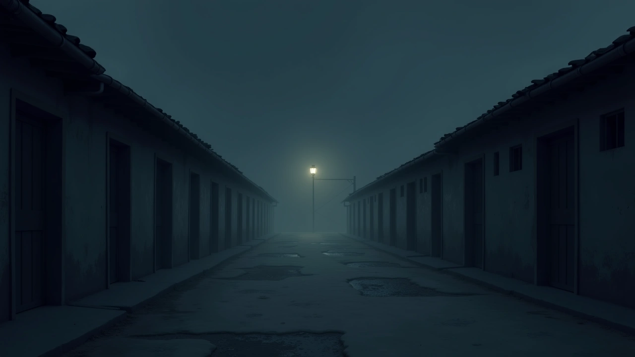 Illustration: a dim smoking area behind old military barracks at night.