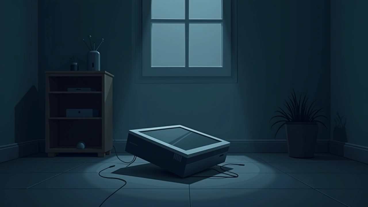 Illustration: a fallen computer monitor on the floor of a home office at night.