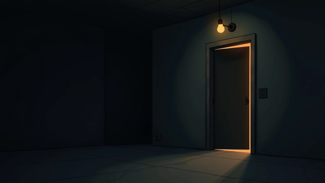 Illustration: a dim basement with a door swinging open on its own and a bare bulb flickering on.