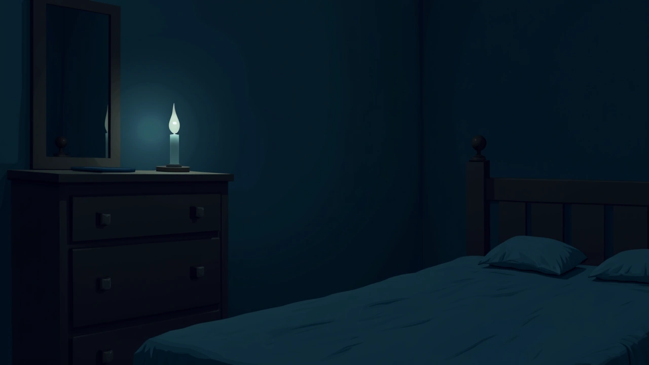 Illustration: a bedroom dresser beside a bed in dim evening light.