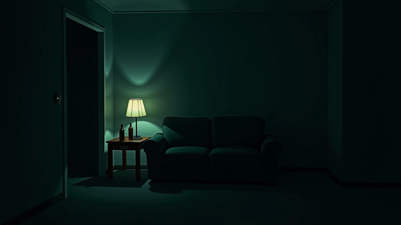 Illustration: A couch in a dim living room at night, a beer bottle on the side table.