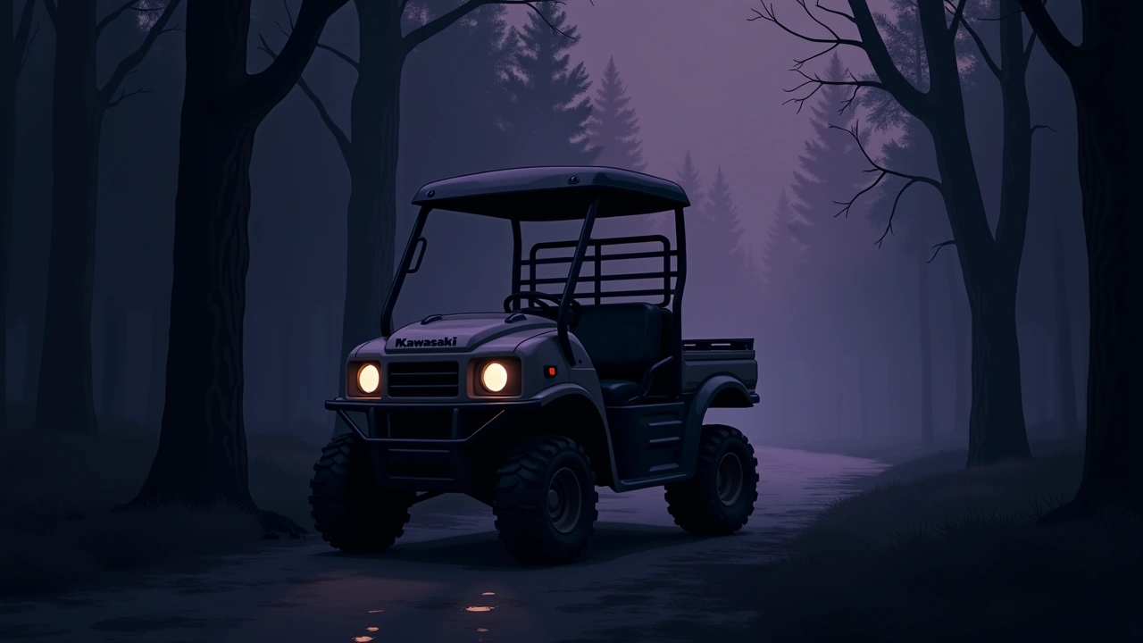 Illustration: a Kawasaki Mule ATV parked in dense woods at dusk.
