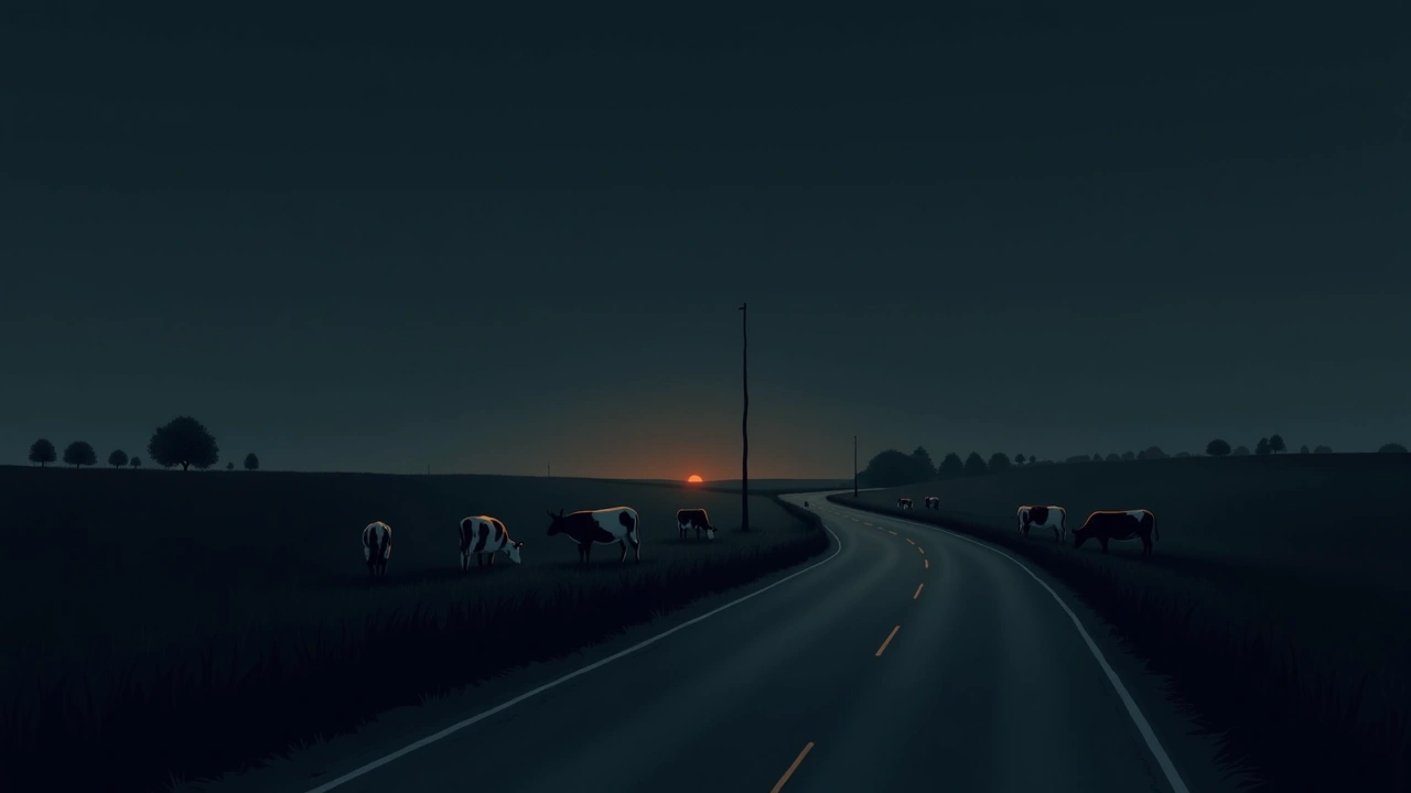 Illustration: a country road at night with cows grazing in a roadside field.