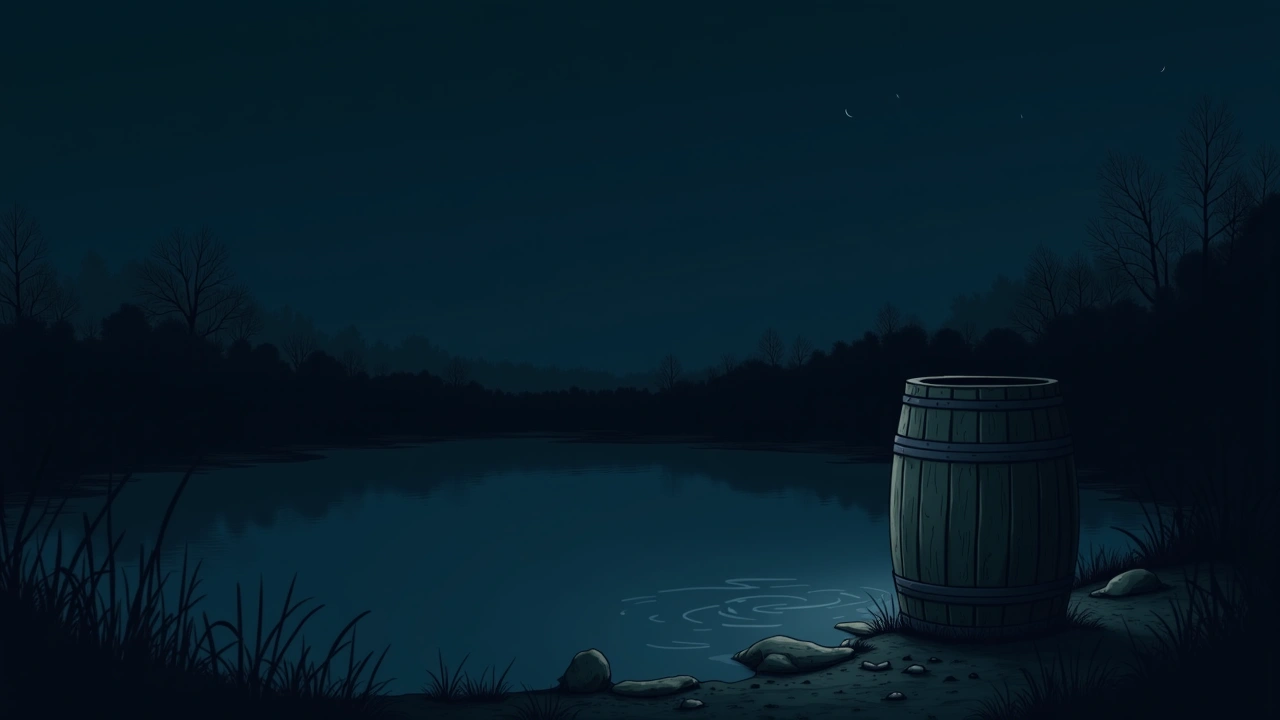 Illustration: a still, dark pond at night beside a weathered wooden barrel.
