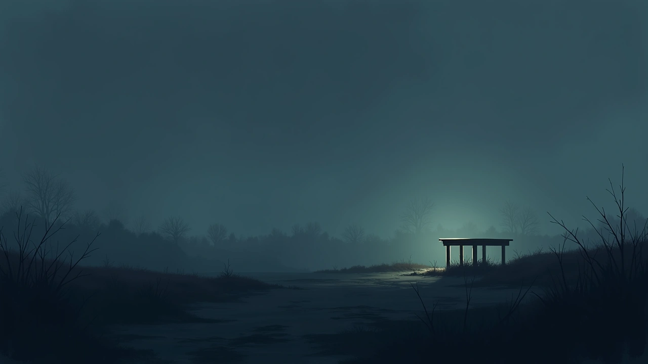 Illustration: an old war site at dusk, a small table faintly illuminated in the fading light.