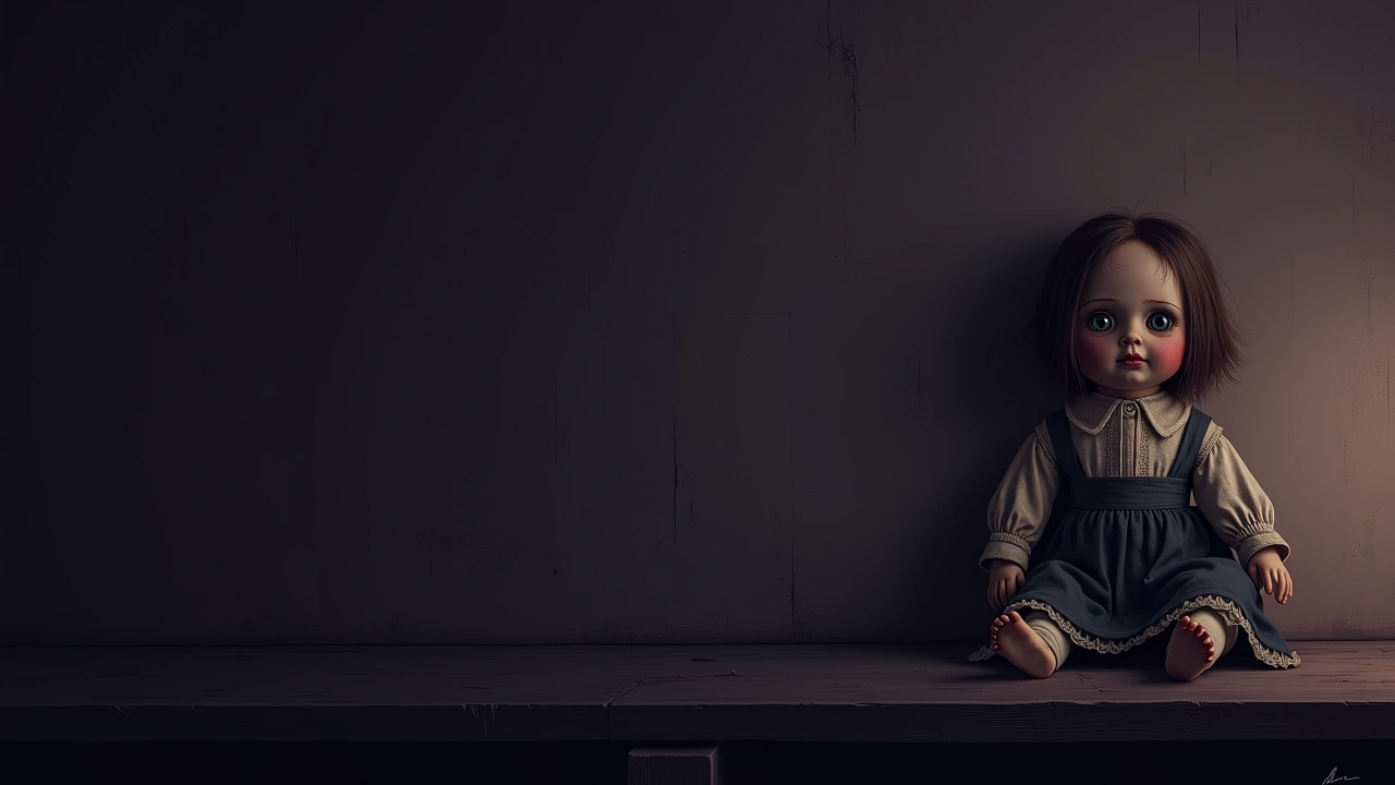 Illustration: A weathered antique doll seated on a shelf in dim lamplight, old-world Dutch clothing details visible.