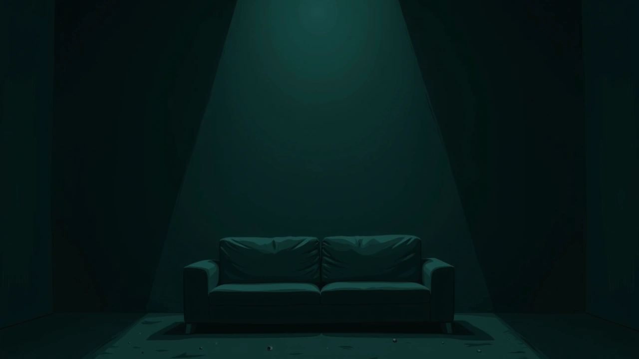 Illustration: a living room couch at night, dim lighting.