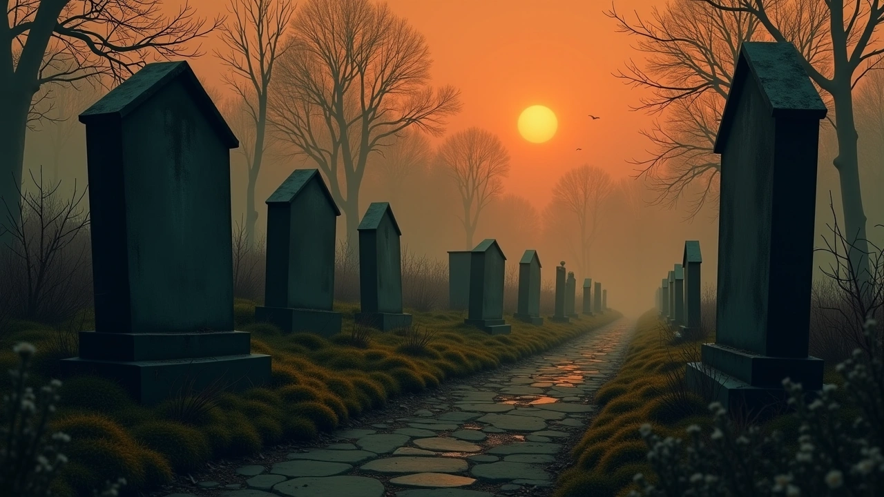 Illustration: A moss-covered cemetery at dusk with weathered tombstones.