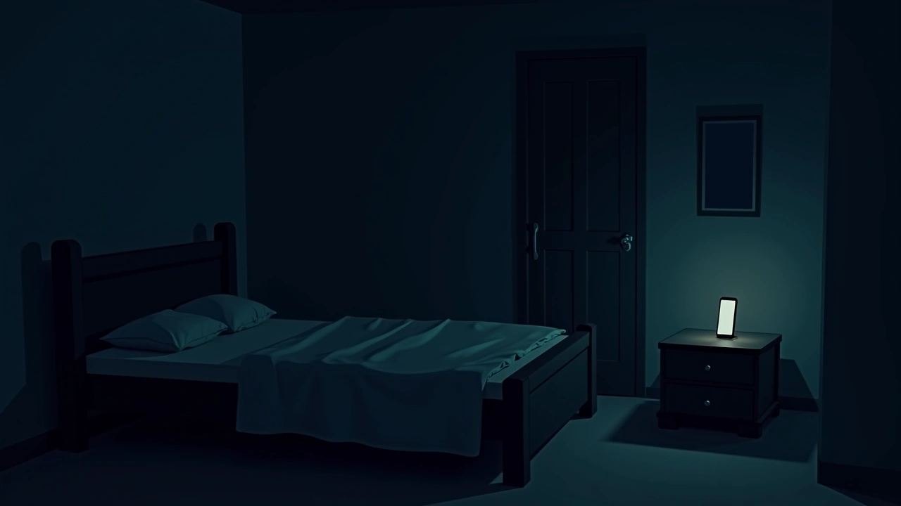 Illustration: an old bedroom at night with a phone screen going dark on a nightstand.
