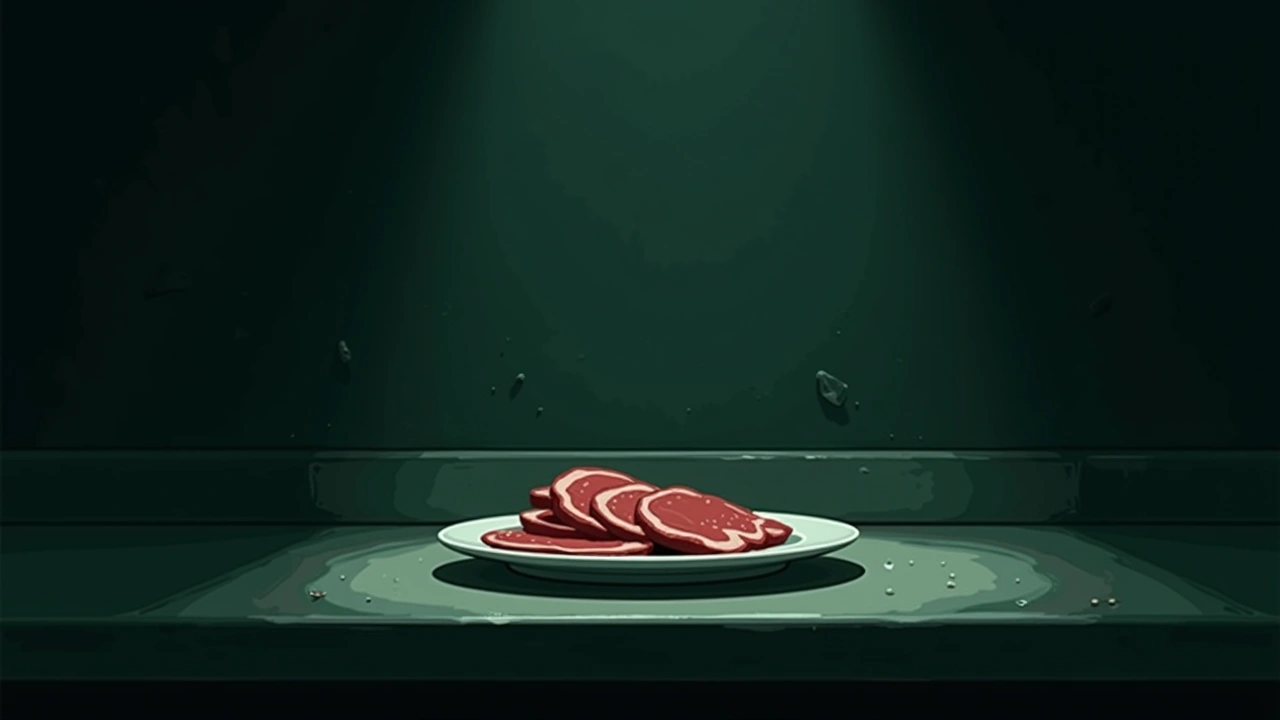 Illustration: a few slices of deli meat on a plate on a kitchen counter.