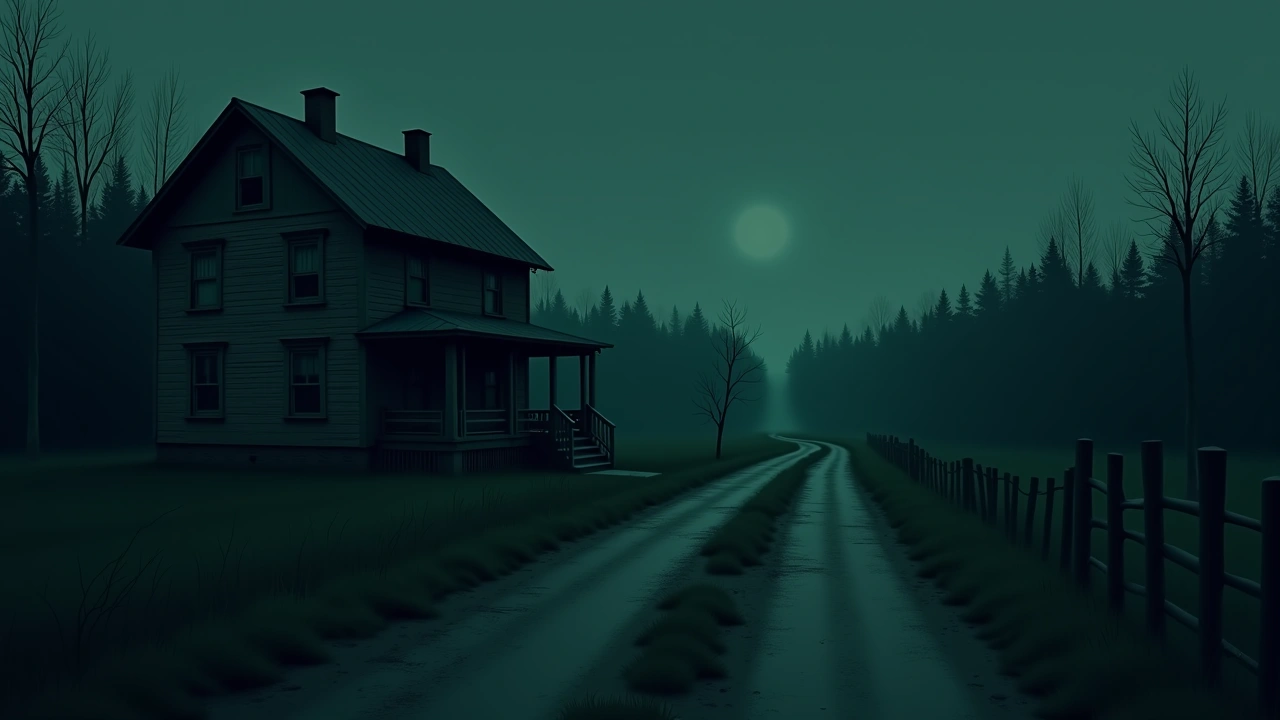 Illustration: a weathered old farmhouse at dusk beside a quiet country road.
