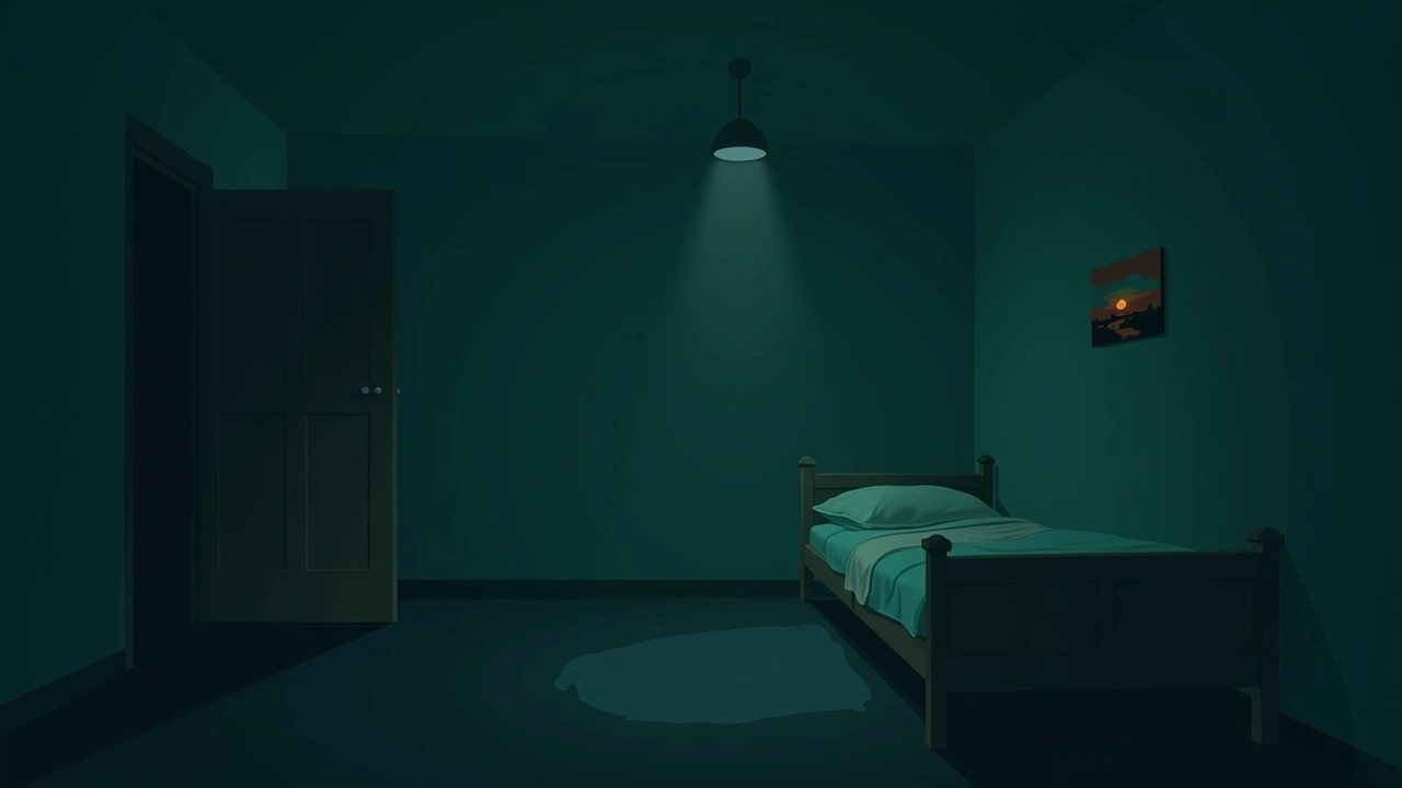 Illustration: a child's bedroom with a small sunset-themed painting on the wall, dim evening light.