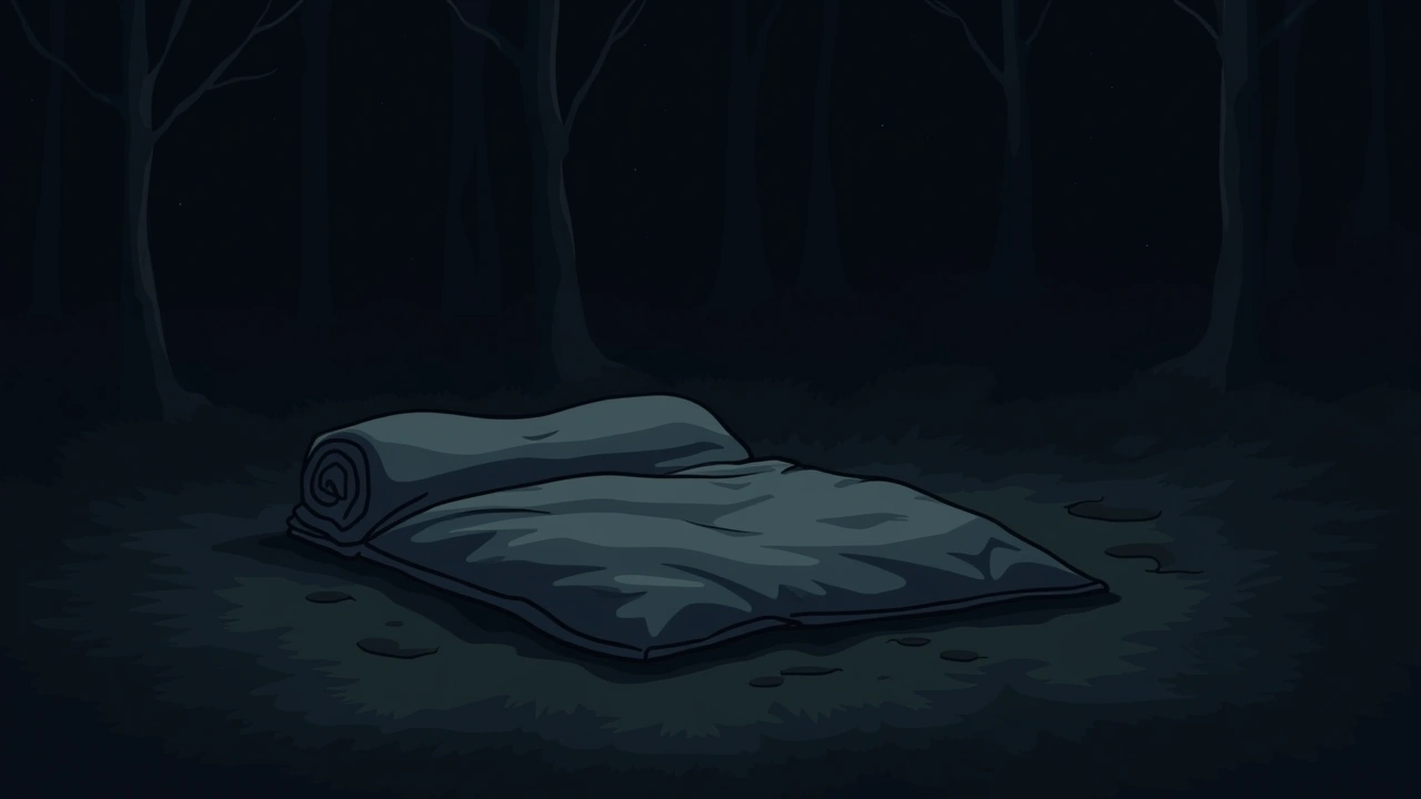 Illustration: a folded blanket laid out at night during an outdoor spirit-hunting session.