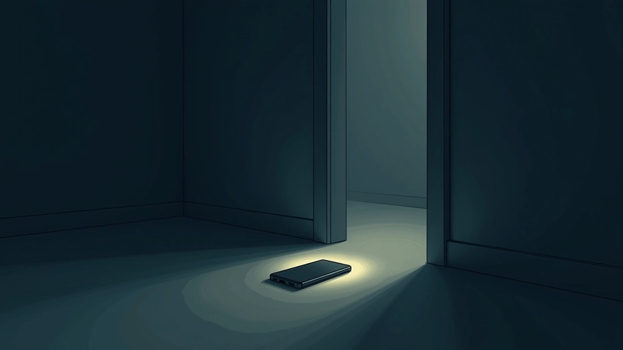 Illustration: a phone glowing on the floor of an empty, dark room.