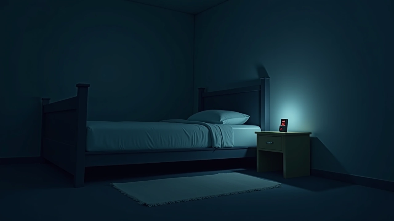 Illustration: a bedroom at night with a small EMF meter glowing faintly on a nightstand.