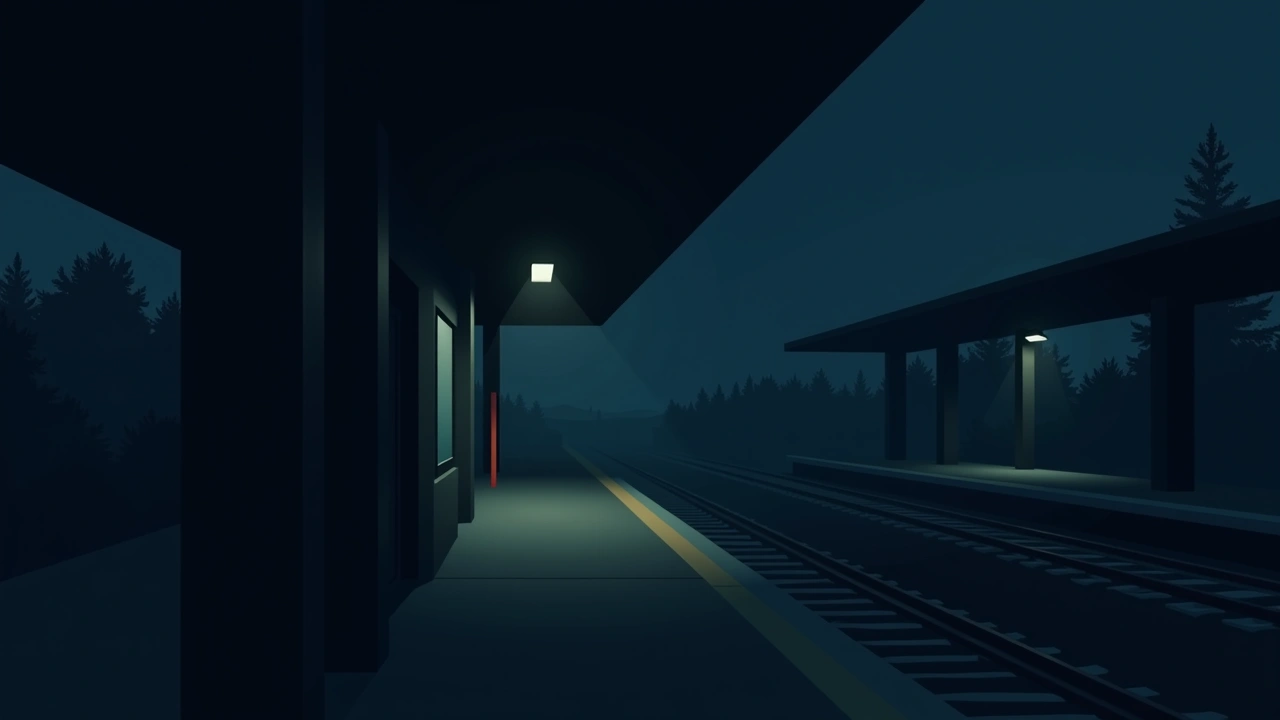 Illustration: a quiet train station platform in the late-afternoon light.