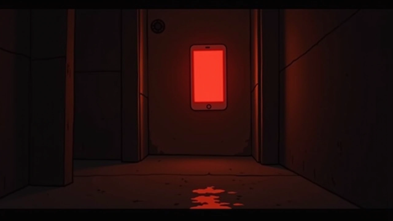 Illustration: A dimly lit basement at night with a phone's glowing red spirit-box screen the only light source.