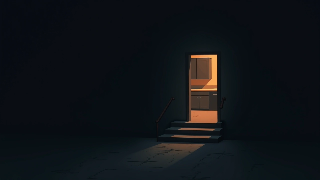 Illustration: a dim staircase leading down toward a quiet kitchen at dusk.