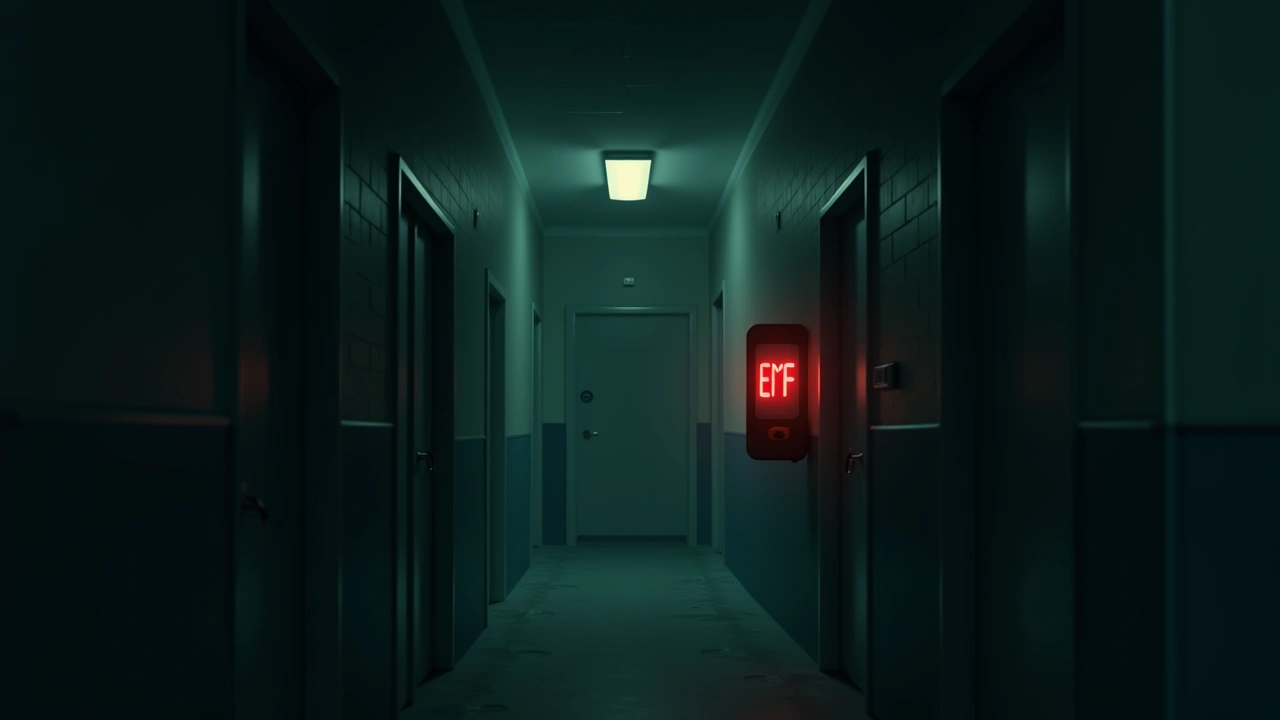 Illustration: an EMF meter glowing red in a dark school hallway at night.