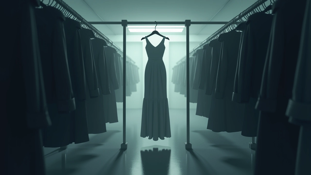 Illustration: A dress hanging on a rack in a clothing store.