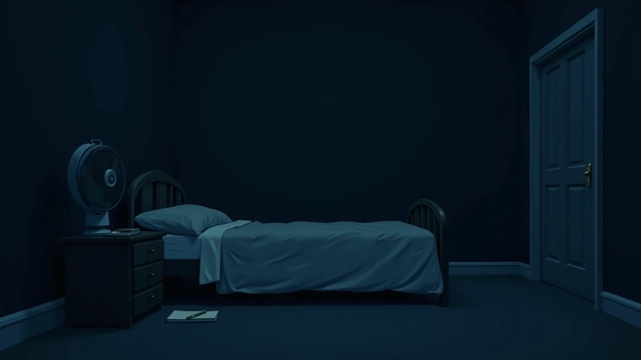 Illustration: a bedroom at night with a fan running beside a bed, a notebook and pencil on the nightstand.