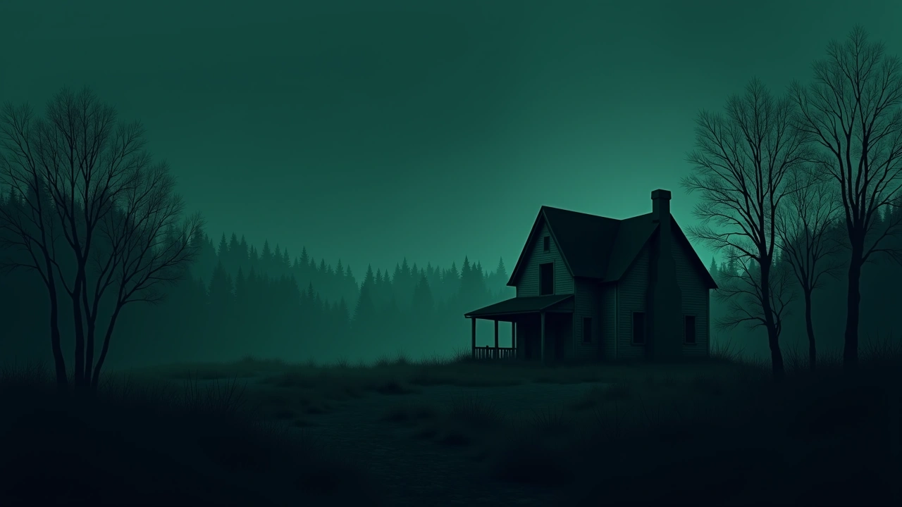 Illustration: an old, weathered farmhouse standing alone at dusk.