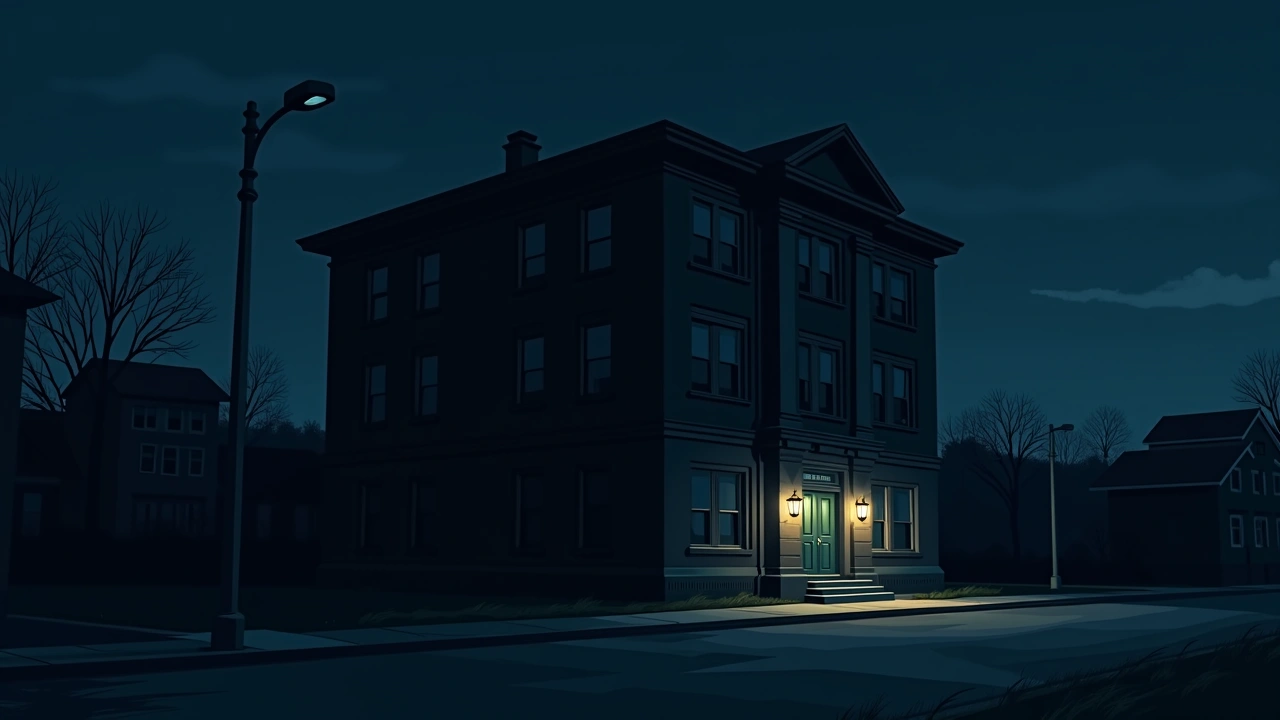 Illustration: An old brick courthouse building converted into a hotel, lit at dusk.