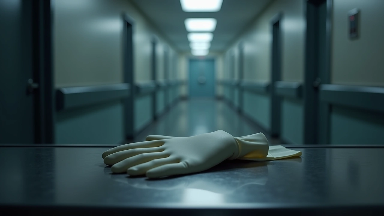 Illustration: A pair of latex gloves resting on a stainless steel counter in a quiet nursing home hallway.