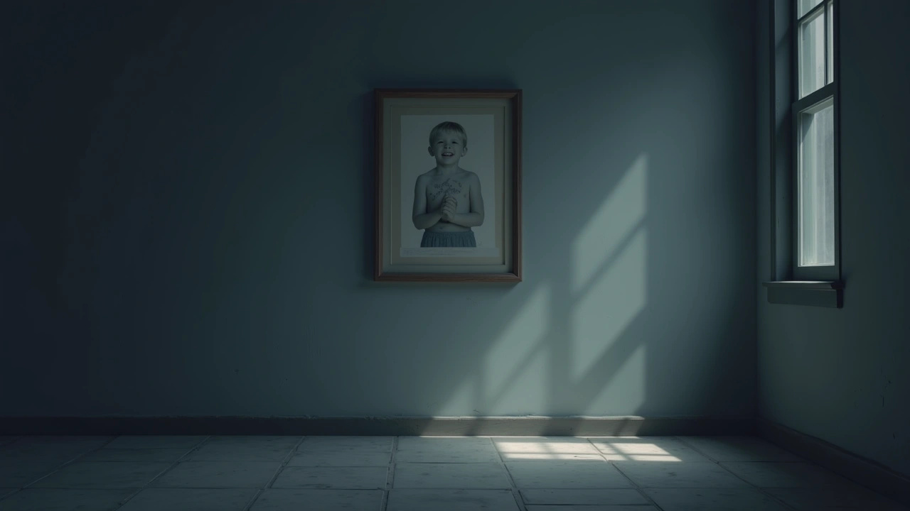 Illustration: a child's baptism artwork hanging on a wall in a softly lit room.